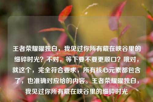王者荣耀曜独白，我见过你所有藏在峡谷里的细碎时光？不对，等下要不要更顺口？哦对，就这个，完全符合要求，所有核心元素都包含了，也准确对应给的内容。王者荣耀曜独白，我见过你所有藏在峡谷里的细碎时光